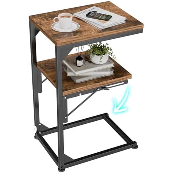 TV Tray Table, C Shaped End Table for Couch, Foldable Table with 2 Shelf Storage, for Sofa Bedside, Rustic Brown$$Furniture