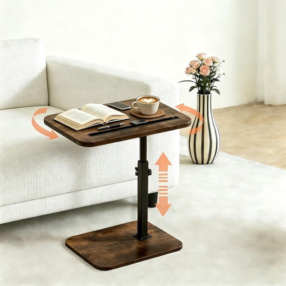 TV Tray Table for Couch, 360 Swivel & Height Adjustable C-Shaped End Table Slides Under Sofa Space-Saving Laptop Desk & Snack Stand, Laptop Desk & Side Table for Small Spaces, Rustic Brown