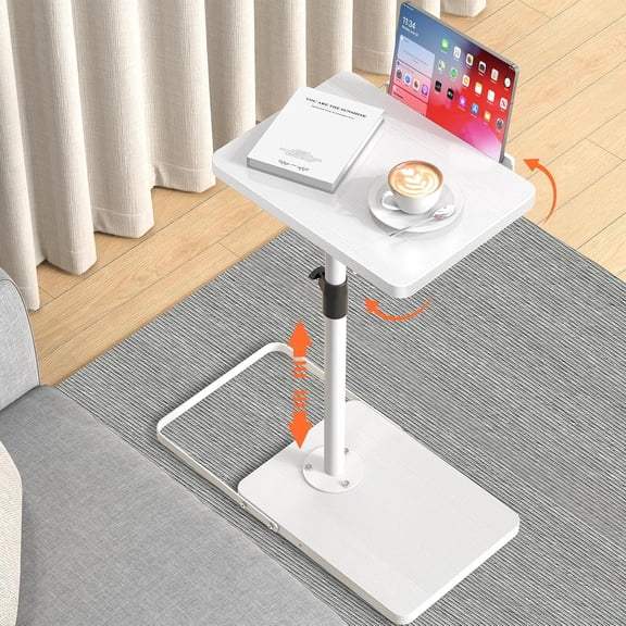 TV Tray Table for Couch, Height Adjustable/360° Swivel/180° Flip-Over Panel Design C-Shaped End Table, Sofa Arm End Side Table with Phone & Tablet Slot for Eating, Laptop,Couch Bed (White)