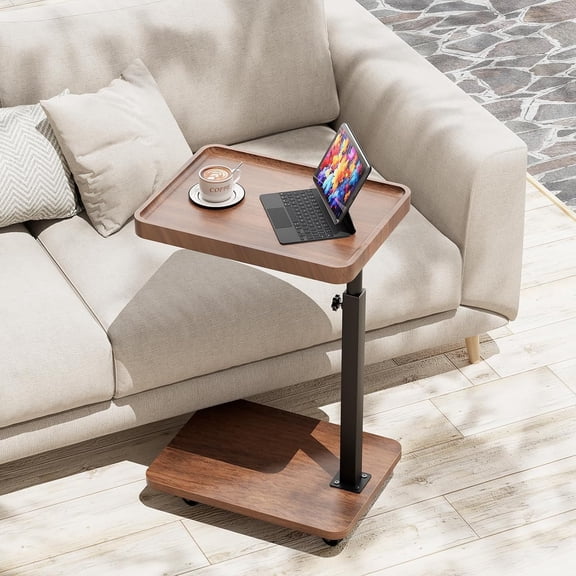 TV Tray Table for Eating,Sofa Armrest & 360 Swivel &Height Adjustable End Side Table for Couch,Snack Table for Sofa, Bedroom, Living Room, C Shaped End Table(Brown+Black)