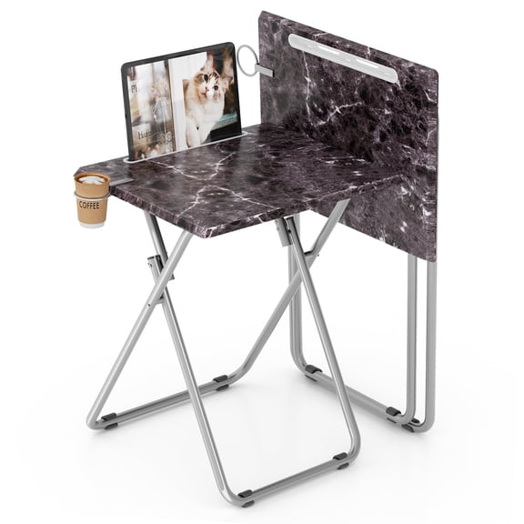 TV Tray Table,Folding Table with Cup Holder Portable,Foldable Snack Tray for Eating,Small Folding Tables Set of 2,Dinner Tables for Couch, Living Room,Small Space (White Marble,2Pcs)