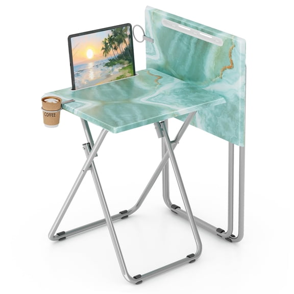 TV Tray Table,Folding Table with Cup Holder Portable,Foldable Snack Tray for Eating,Small Folding Tables Set of 2,Dinner Tables for Couch, Living Room,Small Space (White Marble,2Pcs)