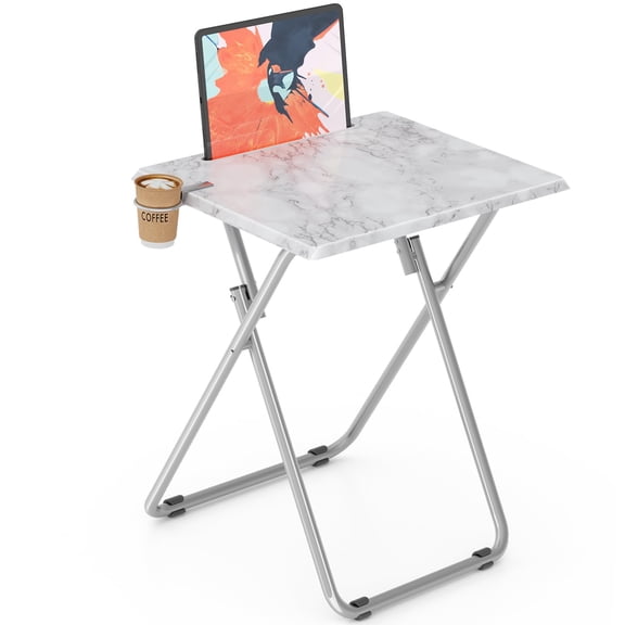 TV Tray Table,Folding Table with Cup Holder Portable,Foldable Snack Tray for Eating,Small Folding Tables Set of 2,Dinner Tables for Couch, Living Room,Small Space (White Marble,2Pcs)