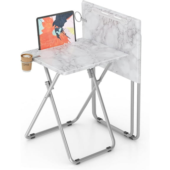 TV Tray Table,Folding Table with Cup Holder Portable,Foldable Snack Tray for Eating,Small Folding Tables Set of 2,Dinner Tables for Couch, Living Room,Small Space (White Marble,2Pcs)