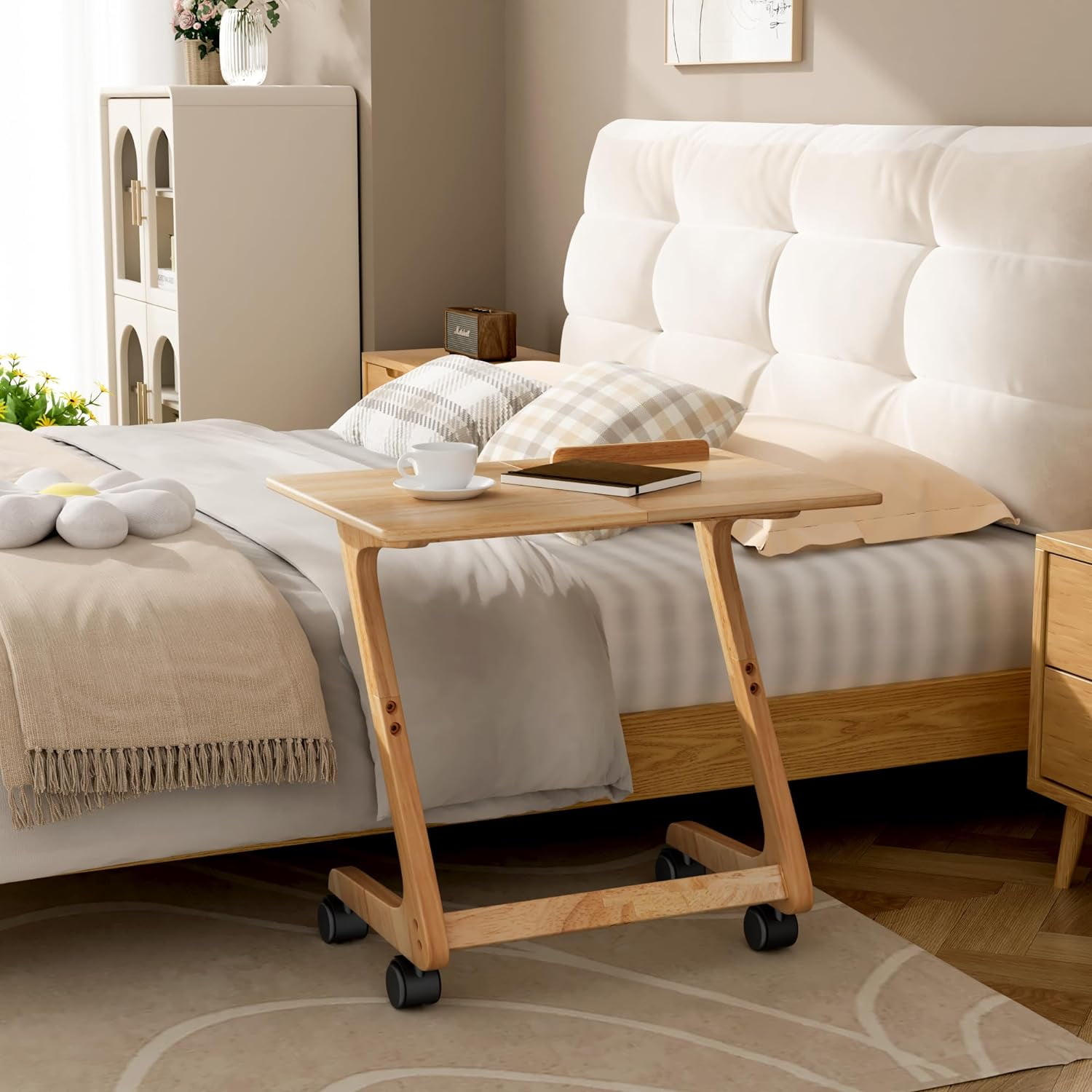 TV Tray Table with Casters, Solid Rubberwood End Table for Small Spaces ...