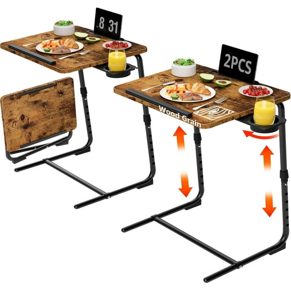 TV Trays Set of 2 - Folding TV Tray Adjustable Dinner Trays for Eating On Couch Wooden Tables Mate Stand Foldable Rustic Desk with Cup Holder Portable