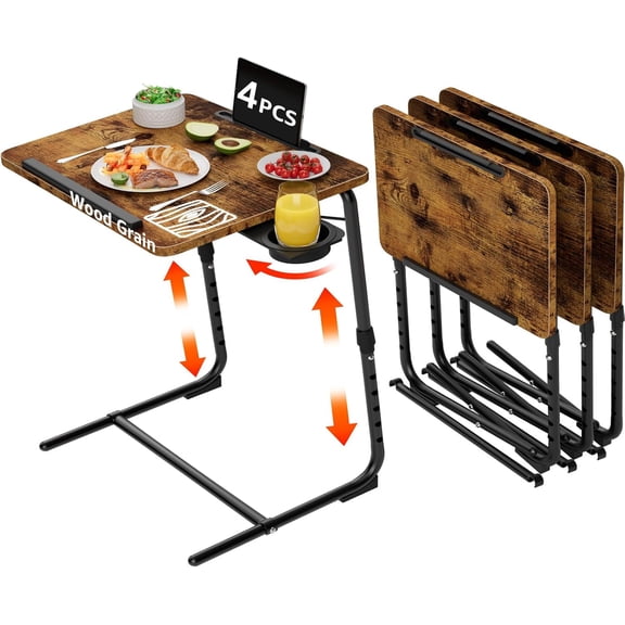 TV Trays Set of 4 - Folding TV Tray Adjustable Dinner Trays for Eating On Couch Wooden Tables Mate Stand Foldable Rustic Desk with Cup Holder Portable