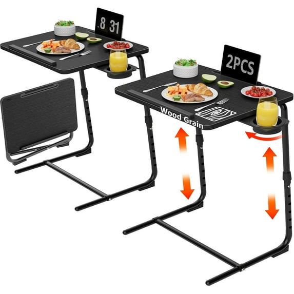 TV Trays Set of 2 - Folding TV Tray Adjustable Dinner Trays for Eating On Couch Wooden Tables Mate Stand Foldable Black Desk with Cup Holder Portable