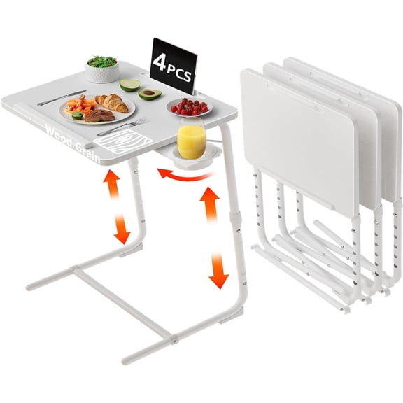 TV Trays Set of 4 - Folding TV Tray Adjustable Dinner Trays for Eating Couch Wooden Tables Mate Stand Foldable White Desk with Cup Holder Portable