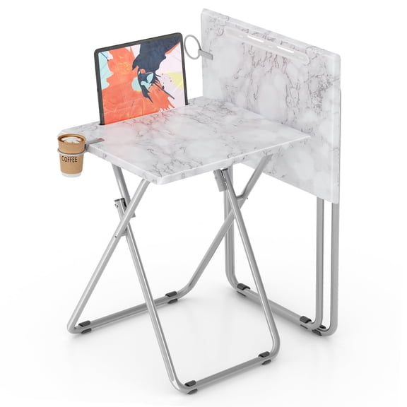 TV Trays Table Set of 2 Portable Folding TV Tray Table TV Dinner Tray with Sturdy MDF, Small Folding Tables with Phone & Tablet Slot, No Assembly Required, 15 x 18.9 x 25.6 in (Sea Blue Marble, 2Pcs)