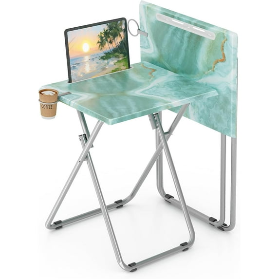 TV Trays Table Set of 2 Portable Folding TV Tray Table TV Dinner Tray with Sturdy MDF, Small Folding Tables with Phone & Tablet Slot, No Assembly Required, 15 x 18.9 x 25.6 in (Sea Blue Marble, 2Pcs)