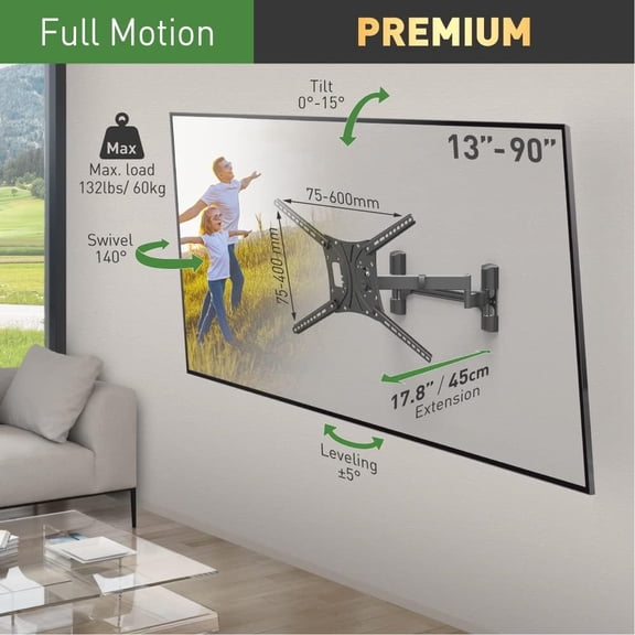 TV Wall Mount, 13-90 inch Dual Arm Full Motion Articulating - 4 Movement Flat/Curved Screen Bracket, Holds up to 132 lbs, Extra Stable,  Limited Warranty, Fits LED OLED LCD