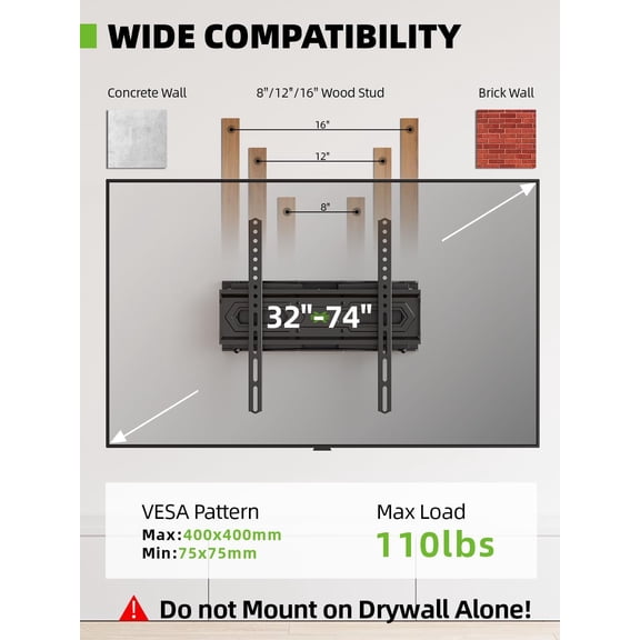 TV Wall Mount for 32-74 inch Flat Screen/LED/4K up to 110lbs, Full Motion TV Mount Bracket with Swivel & Tilt Articulating Dual Arms, Max VESA 400x400mm, Fits 12/16" Wood Studs