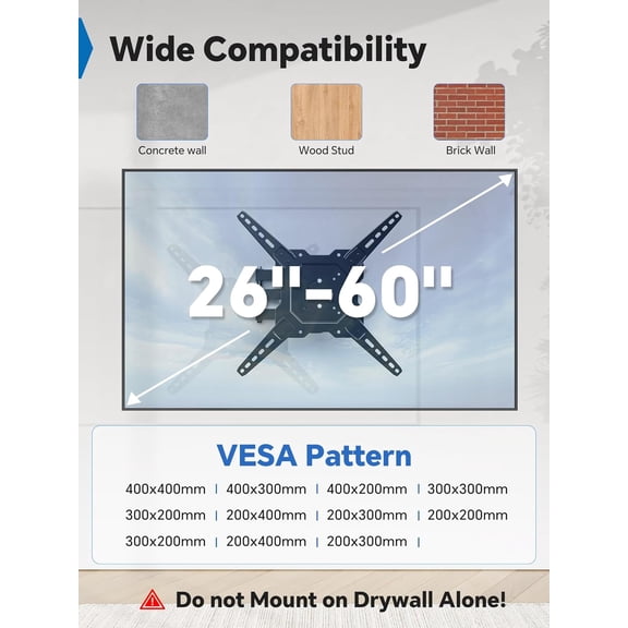 TV Wall Mount Full Motion for 26" to 60" TVs and Flat Panels, TV Motion Bracket Swivel Tilt Extension Rotation Max VESA 400x400mm up to 77lbs, Black
