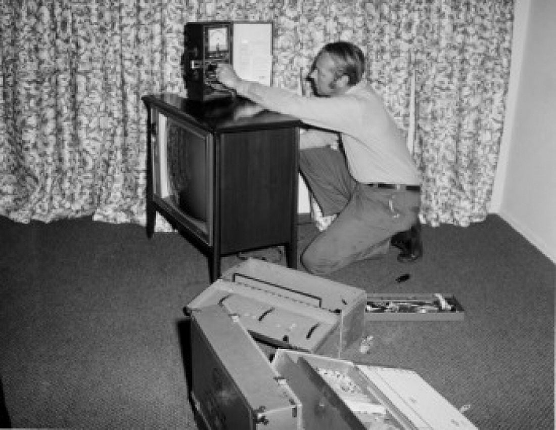 TV repairman at work Canvas Art - (18 x 24)