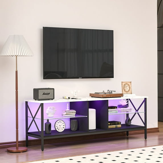 TV stand,Iron TV cabinet,entertainment center, TV set, media console, w/LED lights, remote control,toughened glass stand,can be placed in the living room, bedroom, color:white w/marble texture 16909