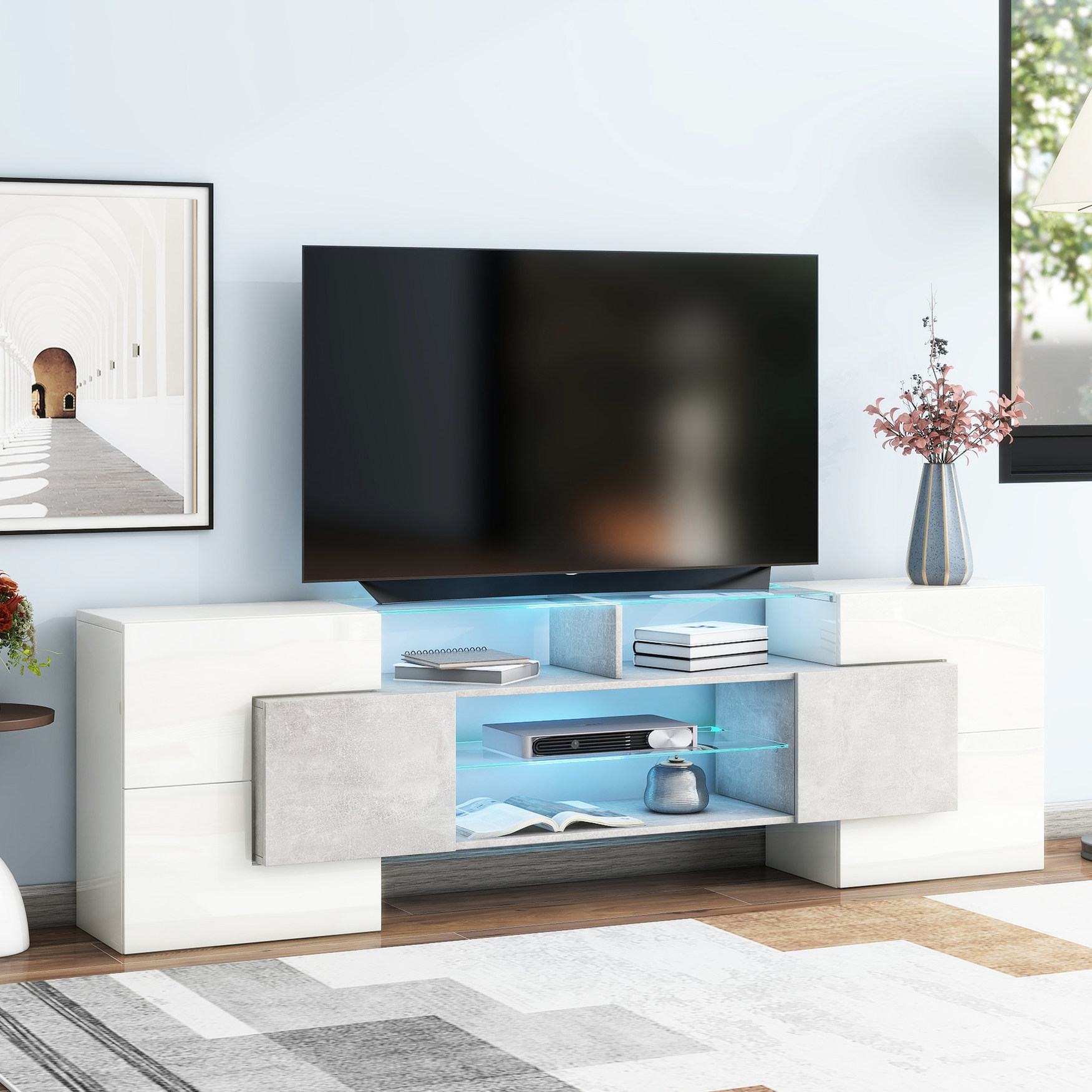 TV stand with 2 glass and 2 wooden shelves, LED lights for storing gaming consoles in living area