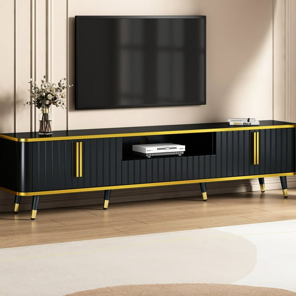 TV stand with cabinets drawers and open storage for 85-inch TVs in living room features convenient cable connection