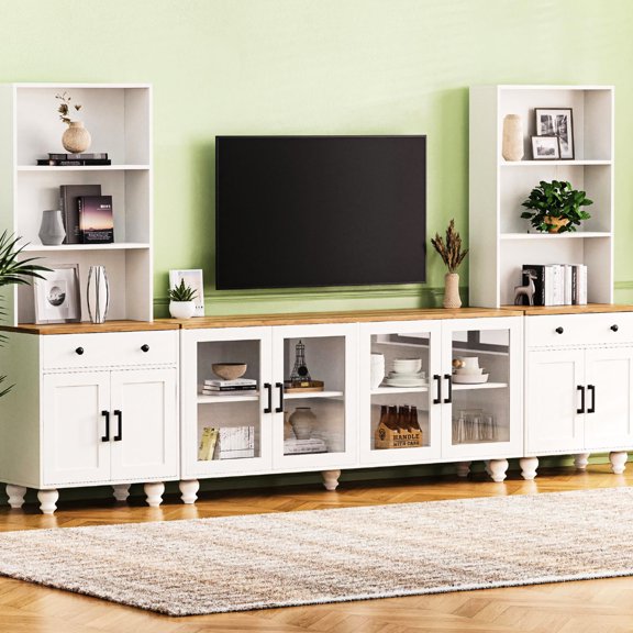 Vintage - looking TV stand with glass doors and adjustable shelves for up to 70" TVs, maximizing room space in living room
