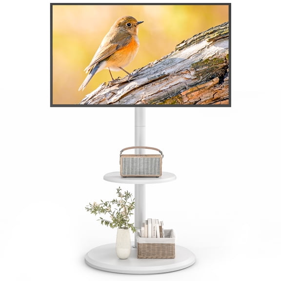 TAVR Furniture Mobile Floor TV Stand with Shelf and Hidden Wheels for 32-65 inch TV, Height Adjustable TV Cart with Circle Base, White