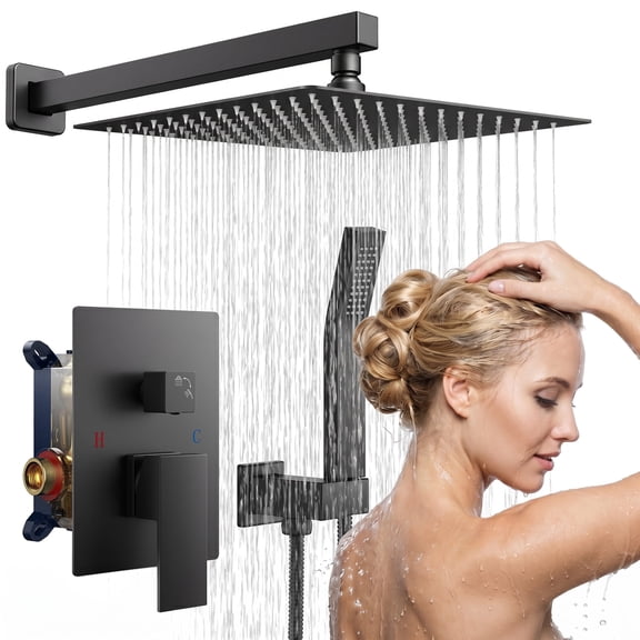 TVOFEK 12 inch Shower Faucet Set Wall Mounted, Bathroom Rain Shower Head System with handheld Combo, Pressure Balanced Valve and Fixtures, Matte Black
