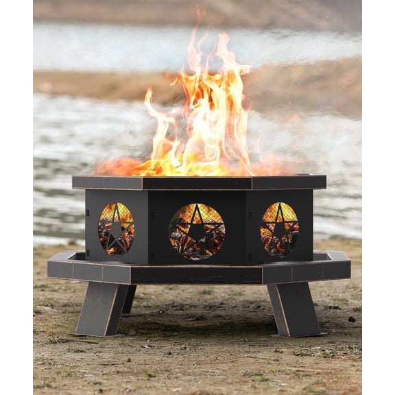 TVOFEK 26 Inch Octagon Wood Burning Fire Pit with Fire Poker, Heavy Duty Outdoor Bonfire Pit for Backyard, Patio, Camping Bonfire & BBQ, Custom Bronze Finish