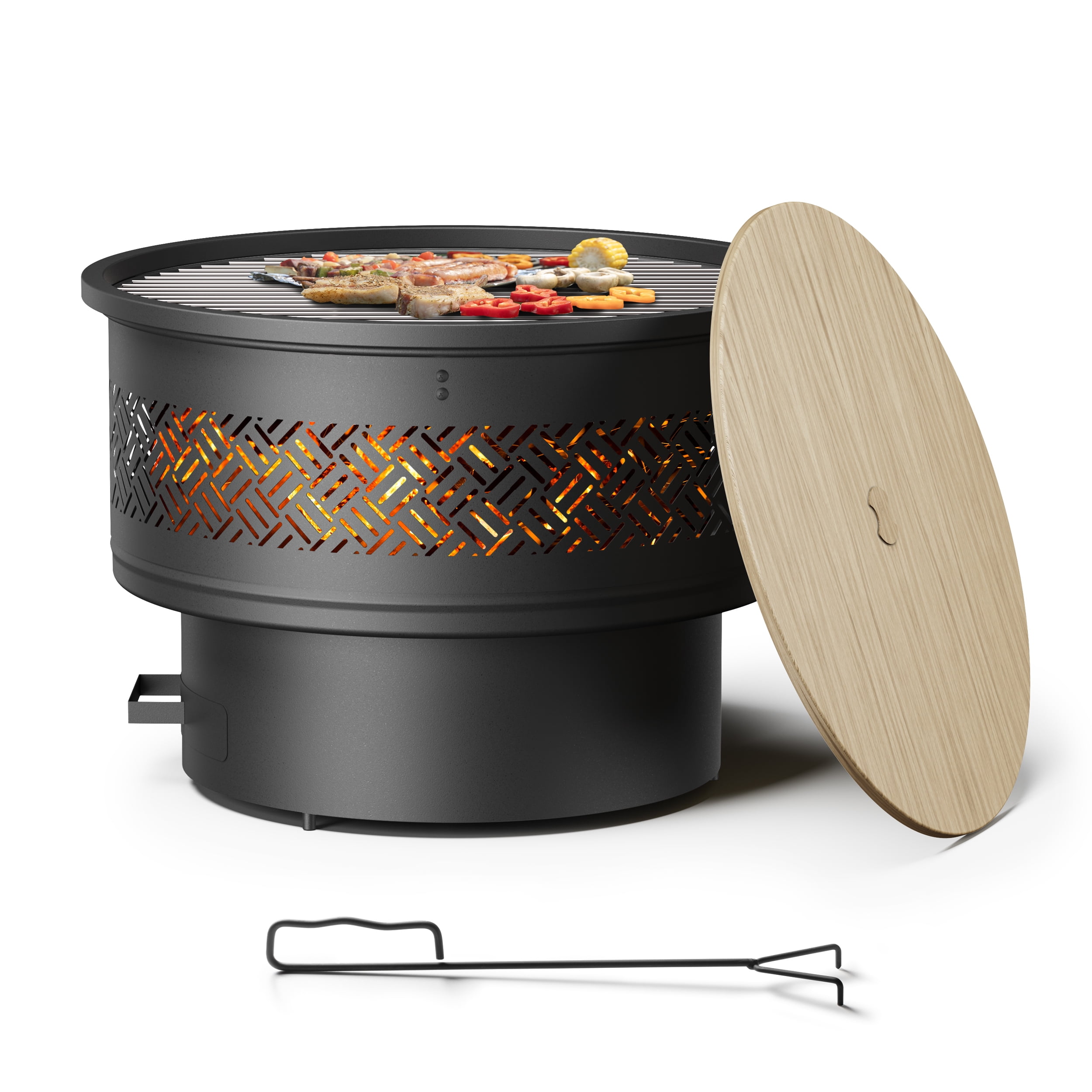 TVOFEK 26 inch Fire Pit Table with BBQ Grill & Lid, Round Wood Burning Firepits for Outside with Fire Poker for Bonfire, Camping, Yards