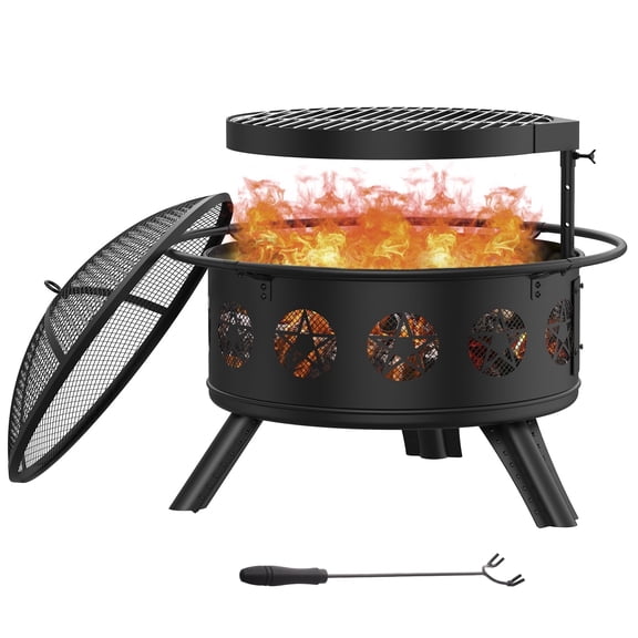 TVOFEK 32 Inch Round Wood Burning Fire Pit with Pentagram Cutouts, BBQ Grill, Spark Mesh Cover & Fire Poker, Heavy Duty Outdoor Fire Pit for Patio, Garden, Backyard Bonfire Parties