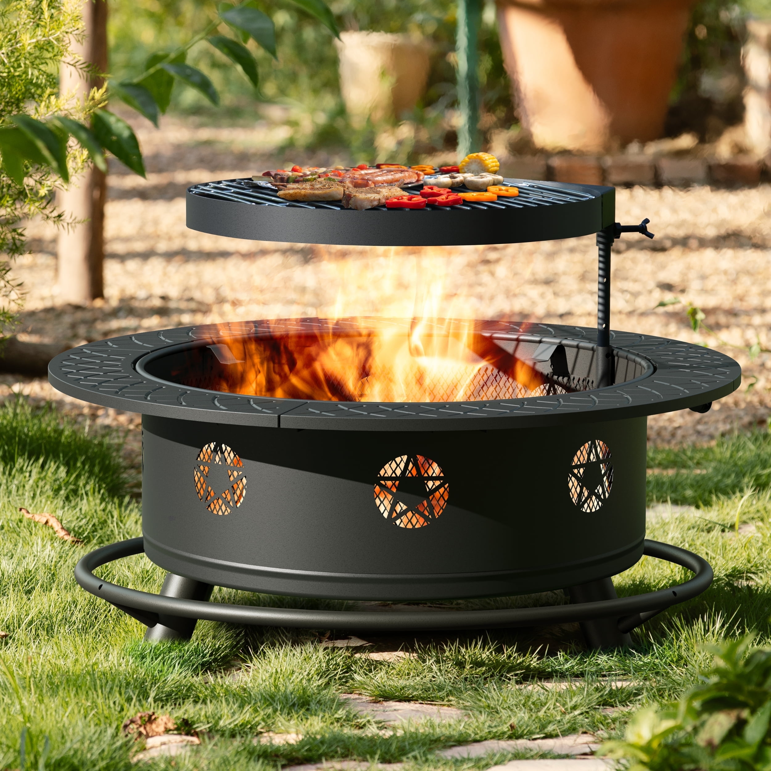 TVOFEK 35 inch Fire Pit with BBQ Grill, Wood Burning FirePits with Lid, Fire Poker and Cooking Grate for Backyard, Patio, Bonfire, Picnic