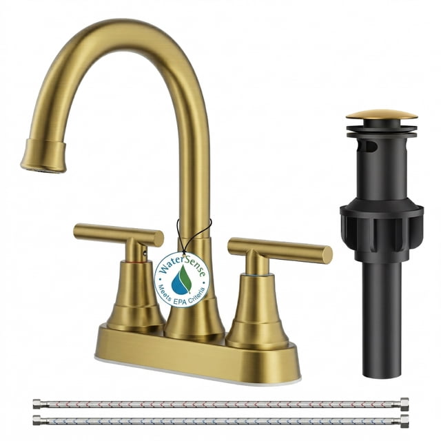 TVOFEK 4 inch Centerset Bathroom Faucet 2 or 3 Hole with Pop up Drain and cUPC Hose, 2-Handle Brushed Gold Vanity Faucets for Restroom RV Bar