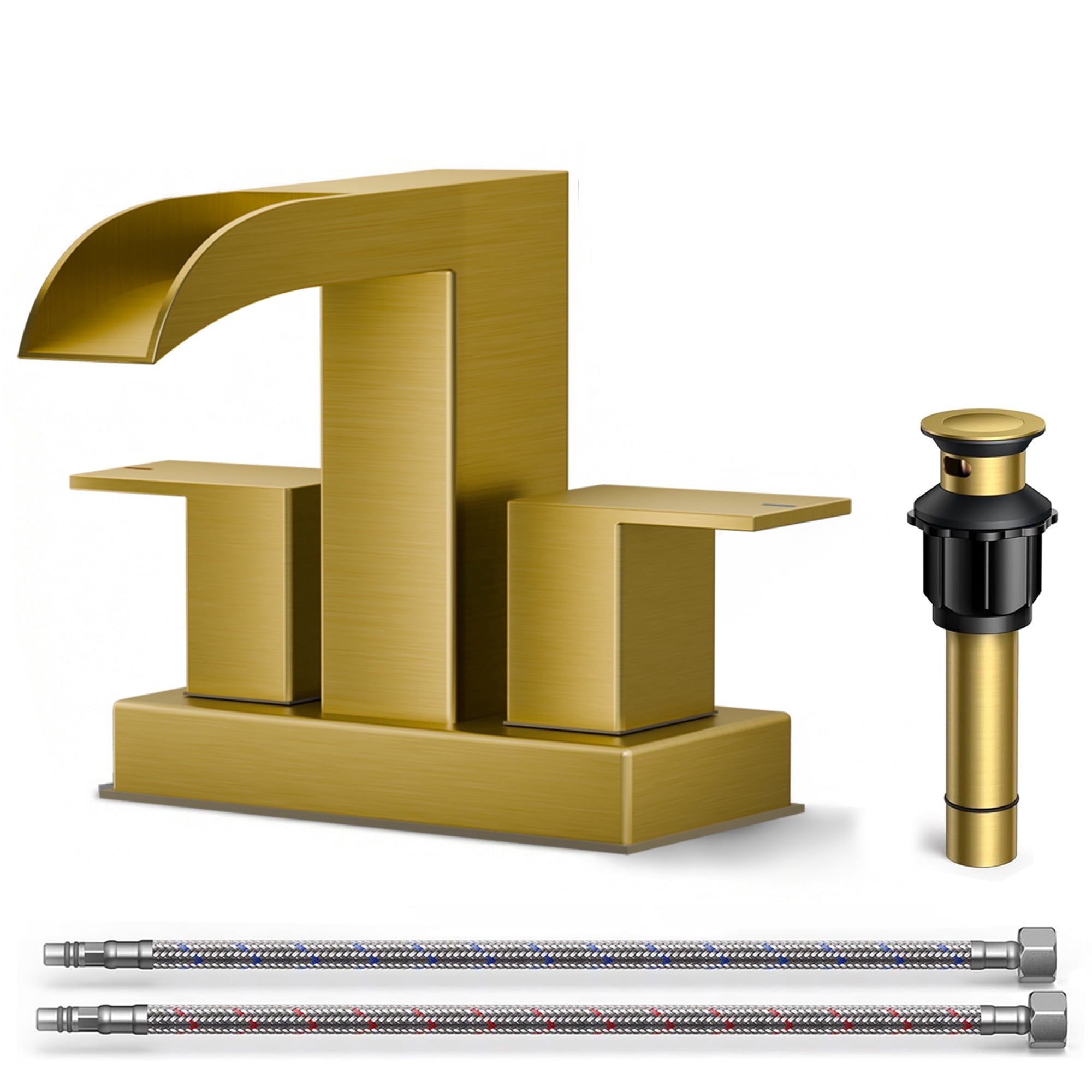 TVOFEK 4 inch Waterfall Bathroom Faucet 3 or 2 Hole, Brushed Gold Centerset Sink Faucets with Metal Pop-up Drain for Vanity Lavatory Basin RV