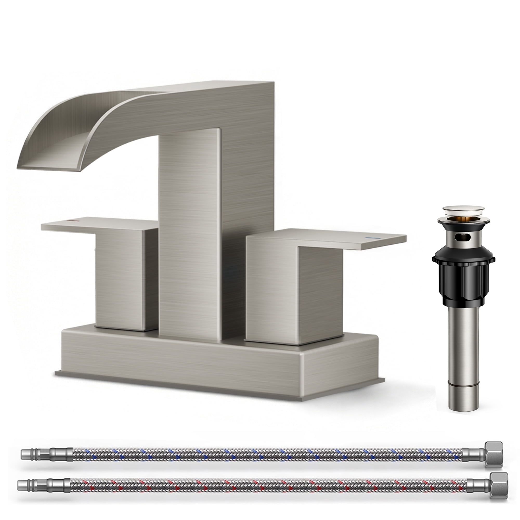 TVOFEK 4 inch Waterfall Bathroom Faucet 3 or 2 Hole, Brushed Nickel Centerset Sink Faucets with Metal Pop-up Drain for Vanity Lavatory Basin RV