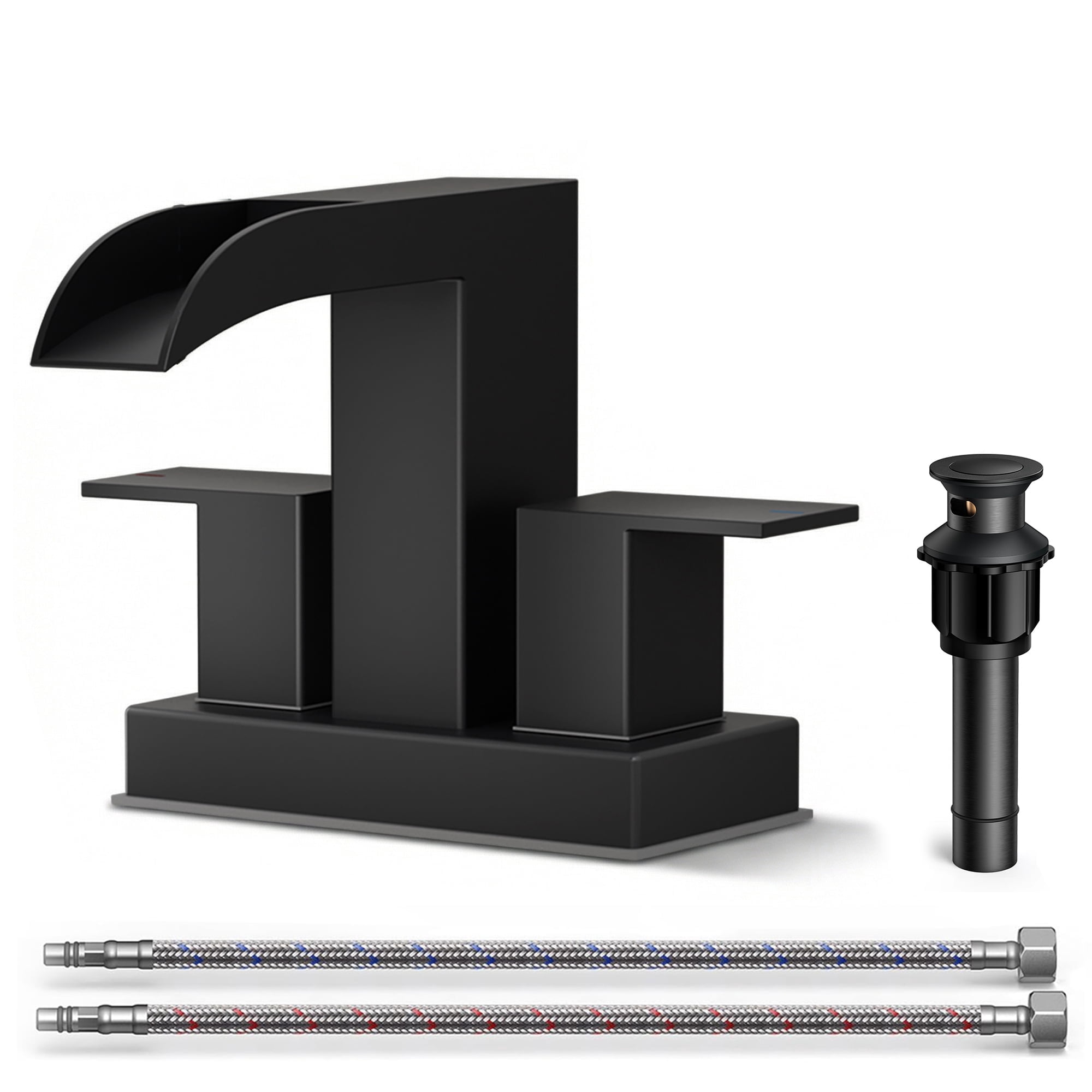 TVOFEK 4 inch Waterfall Bathroom Faucet 3 or 2 Hole, Matte Black Centerset Sink Faucets with Metal Pop-up Drain for Vanity Lavatory Basin RV