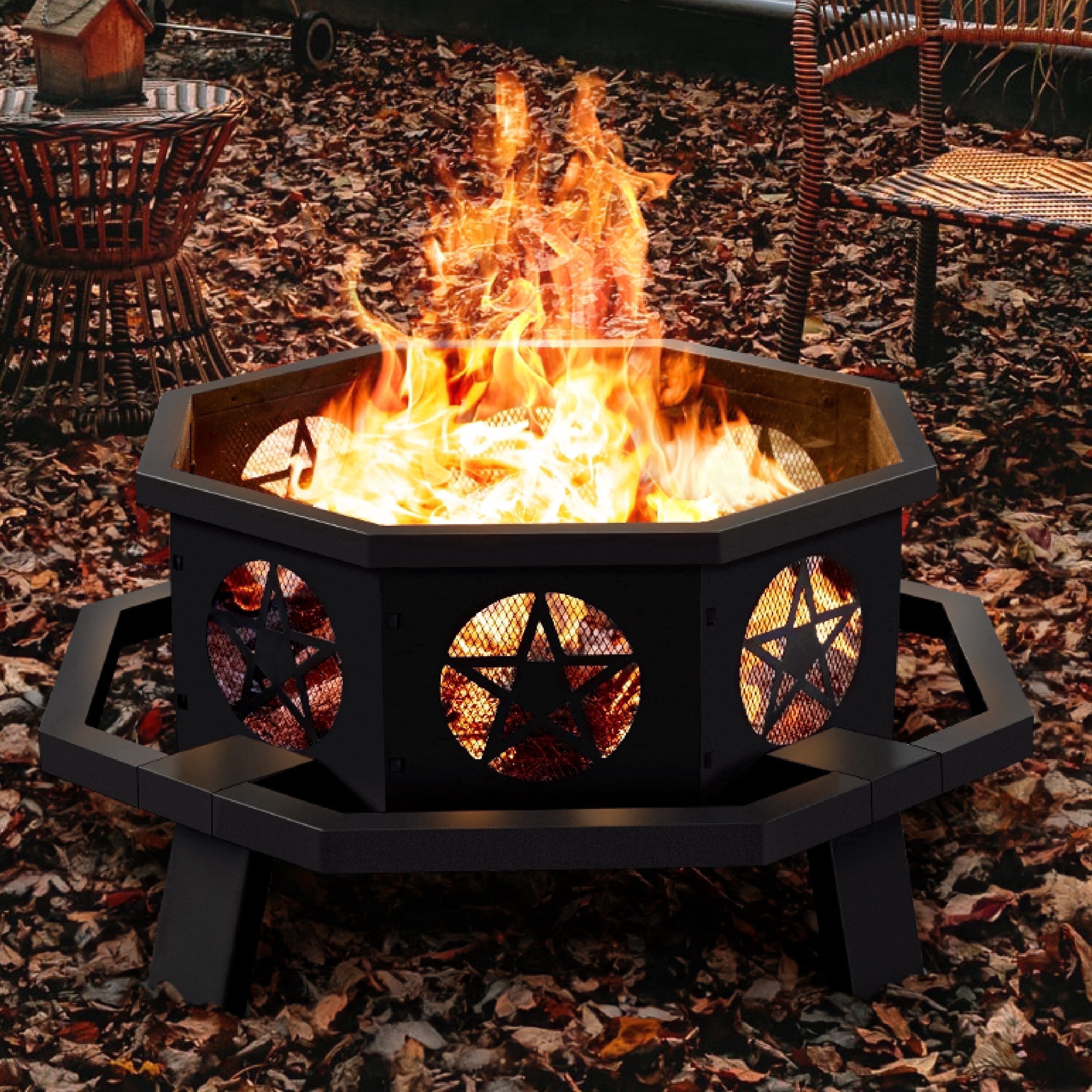 Awsome Fire Pit TVOFEK, Fire Pit, 43 inch Octagon, Wood Burning with Grill and Poker ...