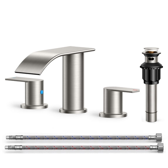 TVOFEK 8 inch Waterfall Bathroom Faucet 3 Hole, Brushed Nickel Widespread Bathroom Water Faucets with Metal Pop-up Drain and Supply Lines for Vanity Farmhouse