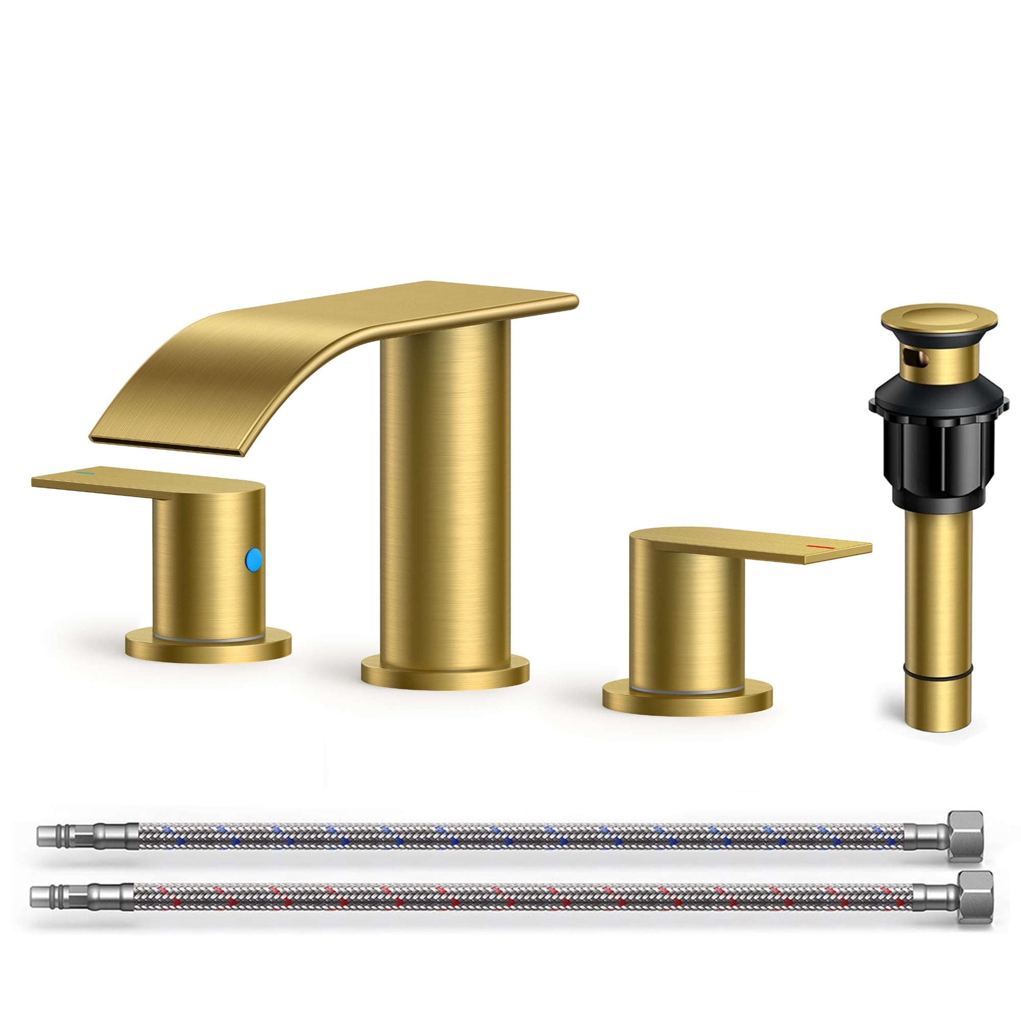 TVOFEK 8 inch Waterfall Bathroom Faucet 3 Hole, Gold Widespread Bathroom Water Faucets with Metal Pop-up Drain and Supply Lines for Vanity Farmhouse, Stainless Steel Faucets
