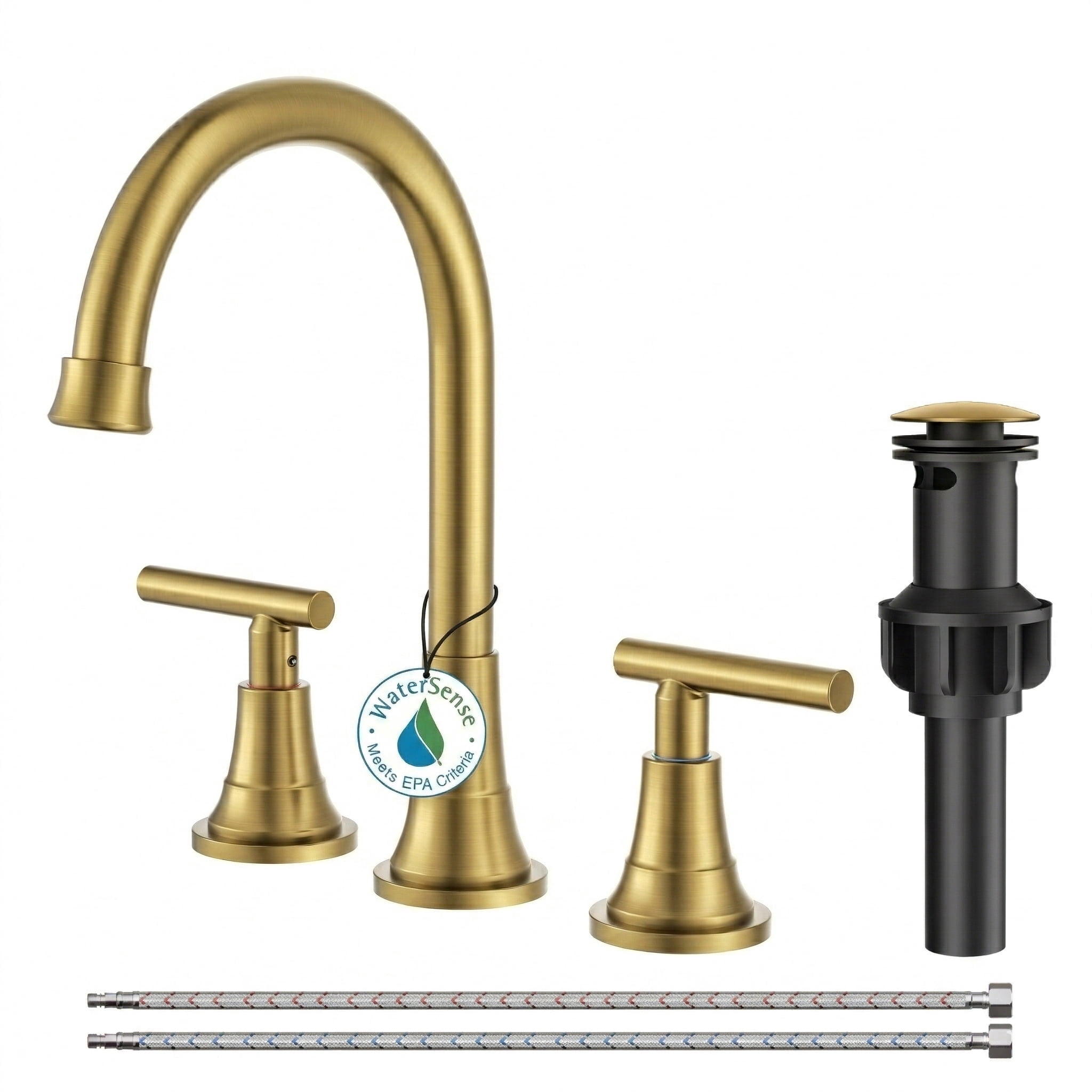TVOFEK 8 inch Widespread Bathroom Sink Faucet 3 Hole with Pop up Drain and cUPC Hose, 2 Handle Brushed Gold Vanity Faucet with 360° Spout for Restroom, RV, Bar