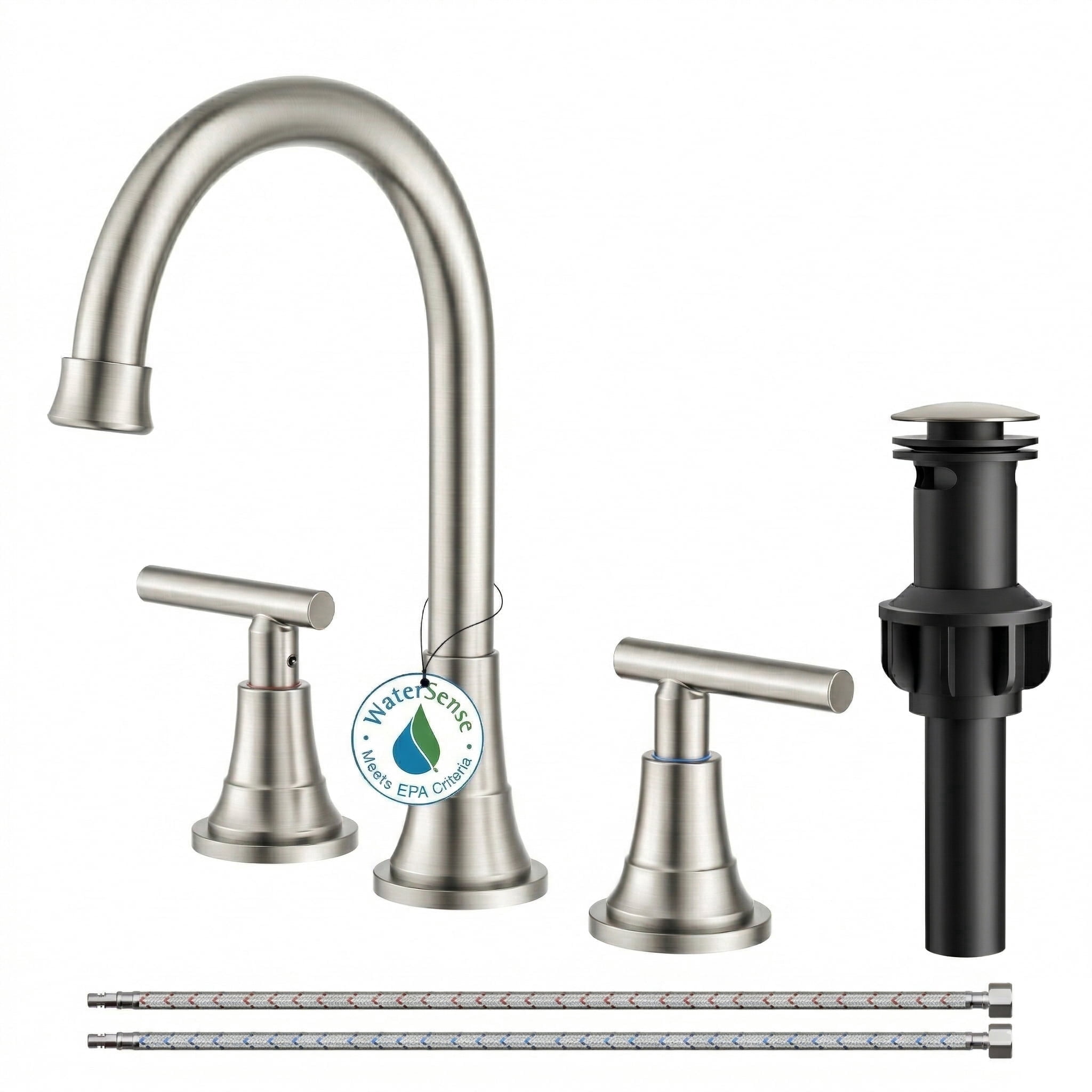 TVOFEK 8 inch Widespread Bathroom Sink Faucet 3 Hole with Pop up Drain and cUPC Hose, 2 Handle Brushed Nickel Vanity Faucet with 360° Spout for Restroom, RV, Bar