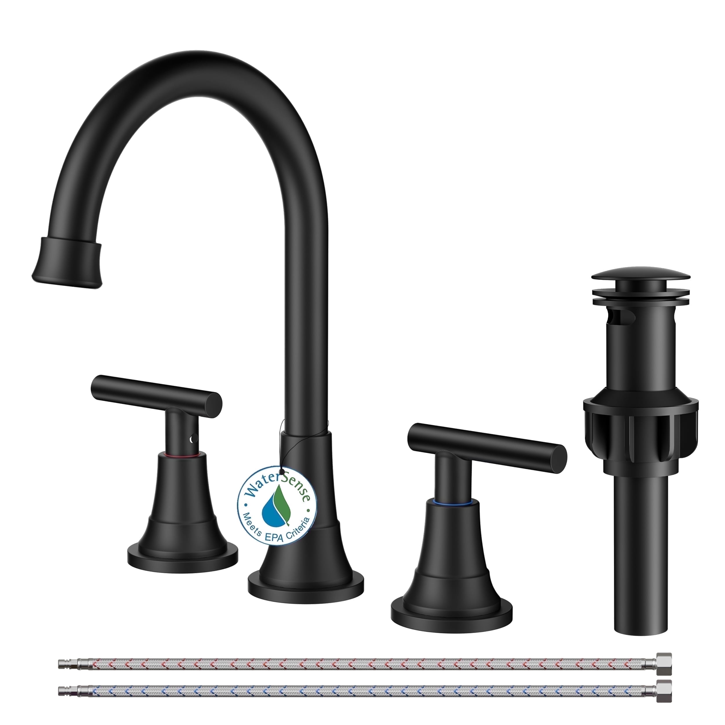 TVOFEK 8 inch Widespread Bathroom Sink Faucet 3 Hole with Pop up Drain and cUPC Hose, 2 Handle Matte Black Vanity Faucet with 360° Spout for Restroom, RV, Bar