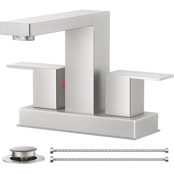 TVOFEK Brushed Nickel Bathroom Faucet 2 or 3 Hole, 4 inch Bathroom Sink Faucet Square Stainless Steel with Metal Pop up Drain and cUPC Hoses for Vanity RV Restroom