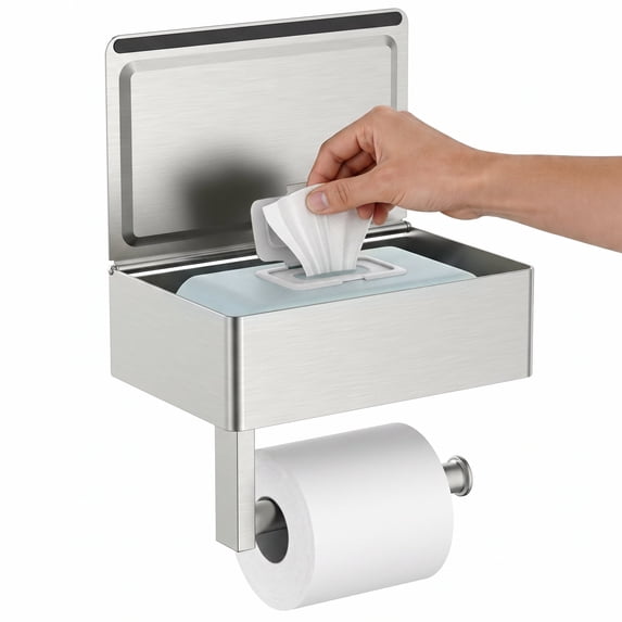 TVOFEK Toilet Paper Holder Wall Mount with Shelf, Stainless Steel Hidden Flushable Wipes Dispenser for Bathroom Sanitary Napkins, Tampons, Brushed Nickel