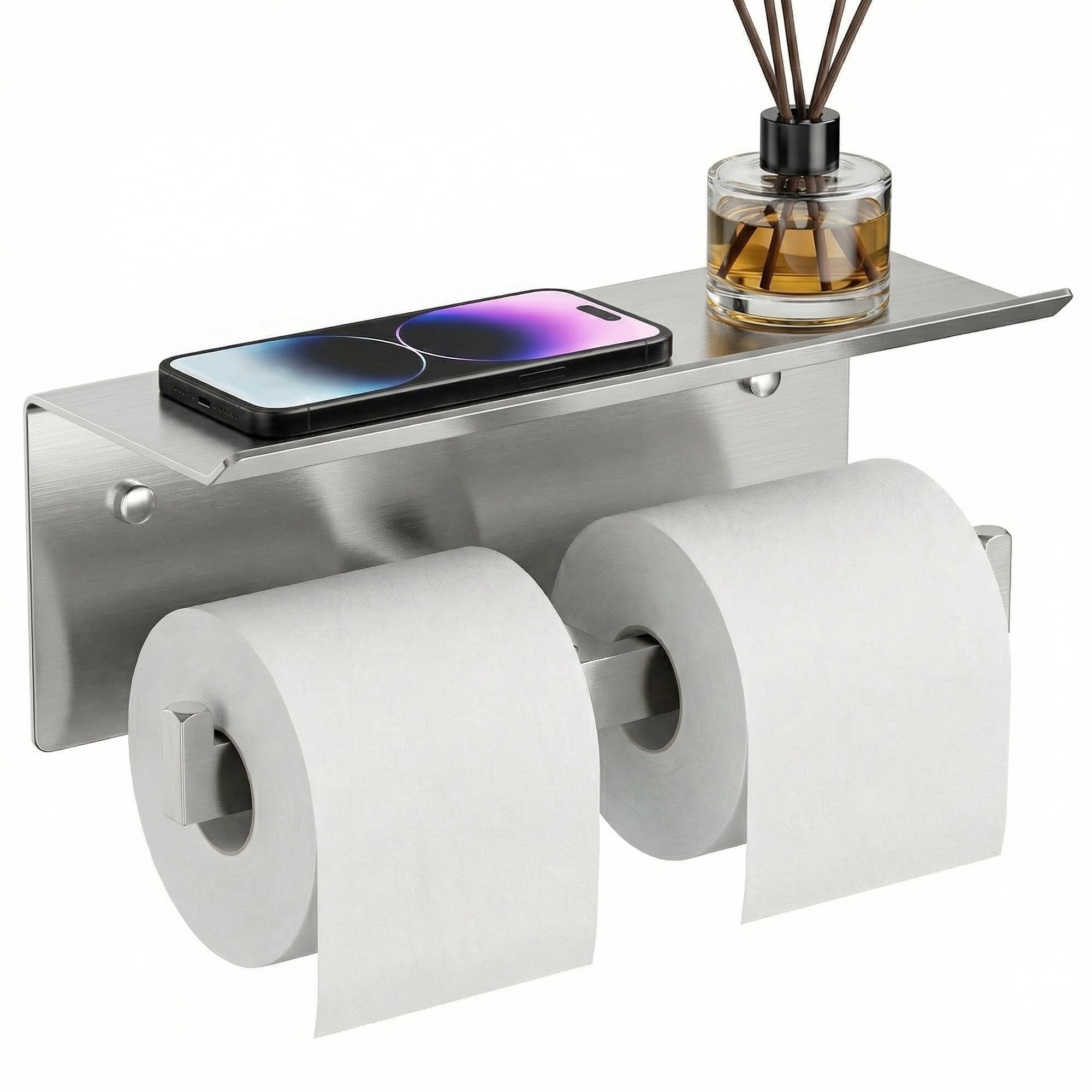 TVOFEK Wall Mounted Toilet Paper Holder with Shelf, Brushed Nickel Stainless Steel Double Tissue Roll Holder Fits Mega Rolls for Bathroom Kitchen RV