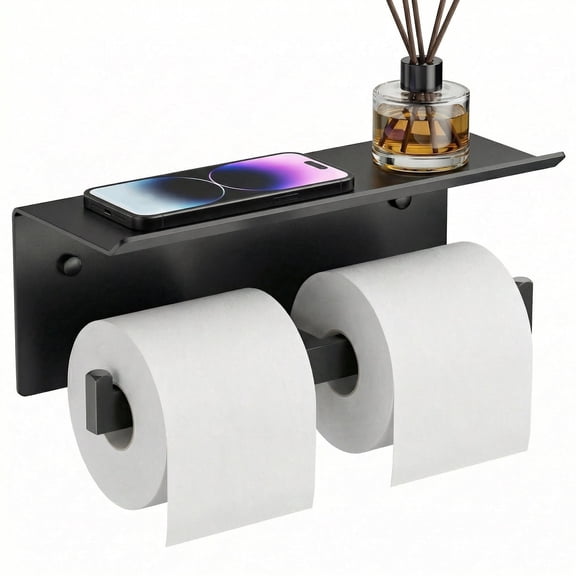 TVOFEK Toilet Paper Holder with Phone Shelf, Double Roll Toilet Paper Holder Wall Mount, Fits Mega Rolls for Bathroom Kitchen RV, SUS304 Stainless Steel, Matte Black