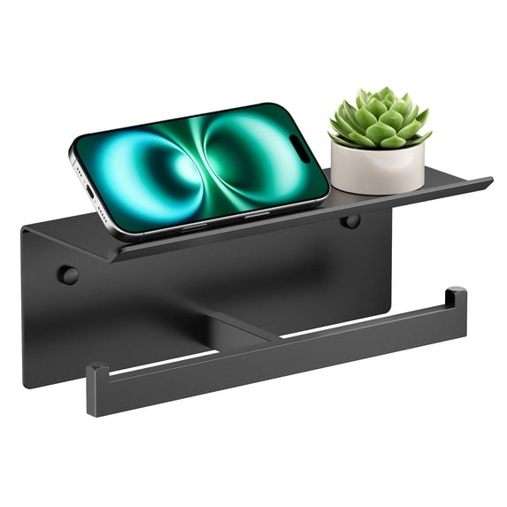 TVOFEK Double Toilet Paper Holder with Shelf, Wall Mount Tissue Roll Holder for Bathroom Kitchen RV, Stainless Steel Double Tissue Roll Rack, Matte Black