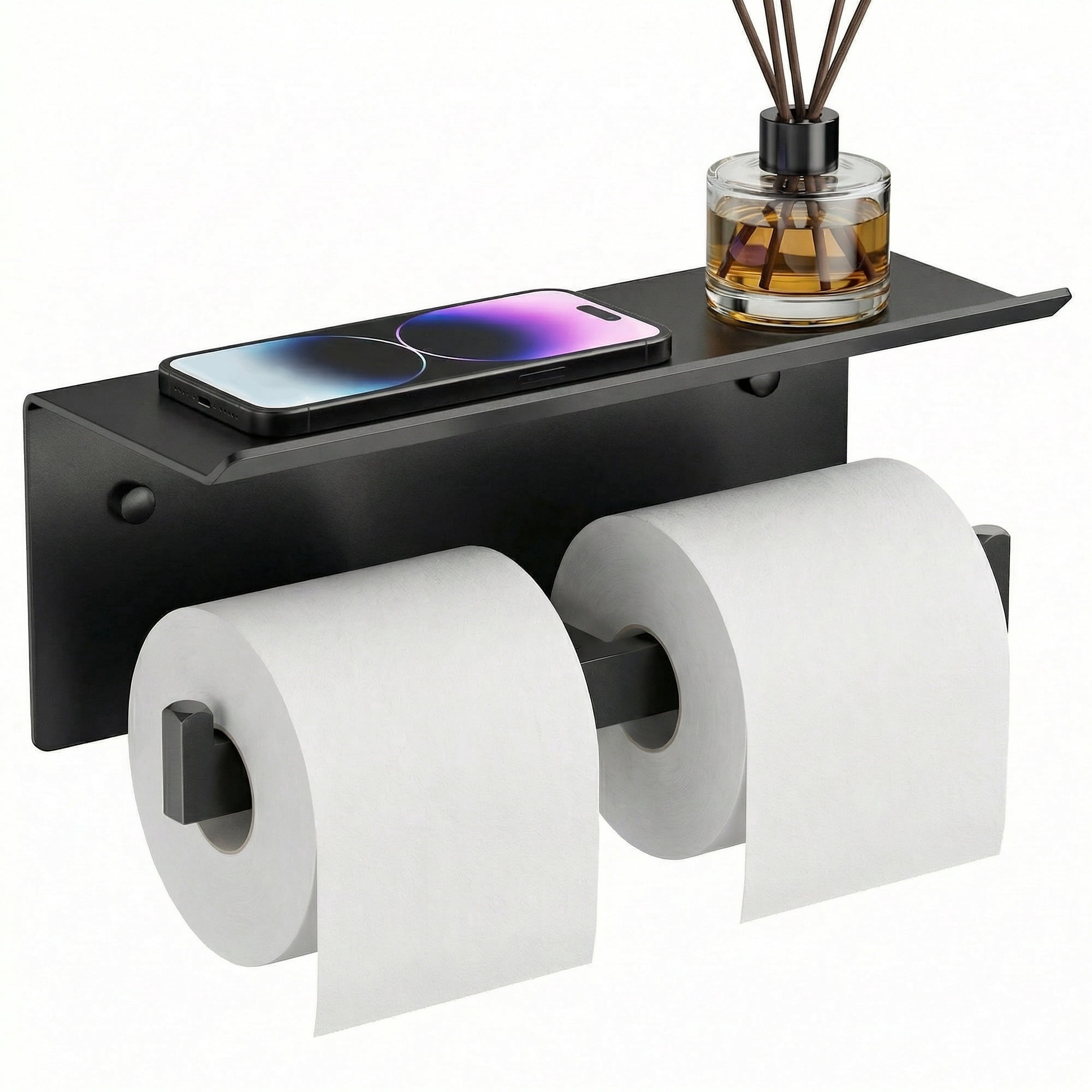 TVOFEK Wall Mounted Toilet Paper Holder with Shelf, Matte Black Stainless Steel Double Tissue Roll Holder Fits Mega Rolls for Bathroom Kitchen RV