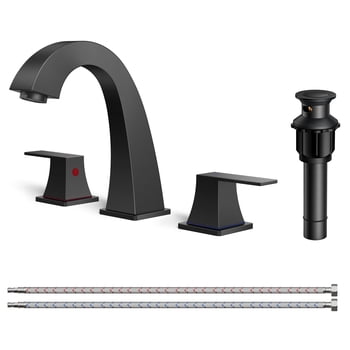 TVOFEK Matte Black Bathroom Faucet 3 Hole, Widespread Bathroom Sink Faucets with Metal Pop up Drain and Supply Lines, Lead-Free 8 inch Faucet for Restroom Farmhouse
