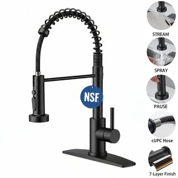 TVOFEK Matte Black Kitchen Faucet with Sprayer 3-Mode, Commercial Single Handle Stainless Steel Sink Faucets with Deck Plate for RV Bar Laundry Camper Farmhouse