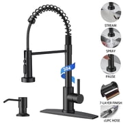 TVOFEK Kitchen Faucet with Pull Down Sprayer and Soap Dispenser, Black Single Handle Kitchen Sink Faucets with Deck Plate for 1 or 3 Hole, Spring Faucet for RV 