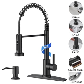 TVOFEK Kitchen Faucet with Pull Down Sprayer and Soap Dispenser, Black Single Handle Kitchen Sink Faucets with Deck Plate for 1 or 3 Hole, Spring Faucet for RV Laundry Bar