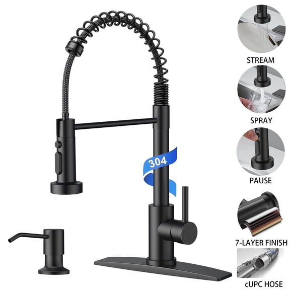 TVOFEK Kitchen Faucet with Pull Down Sprayer and Soap Dispenser, Black Single Handle Kitchen Sink Faucets with Deck Plate for 1 or 3 Hole, Spring Faucet for RV Laundry Bar
